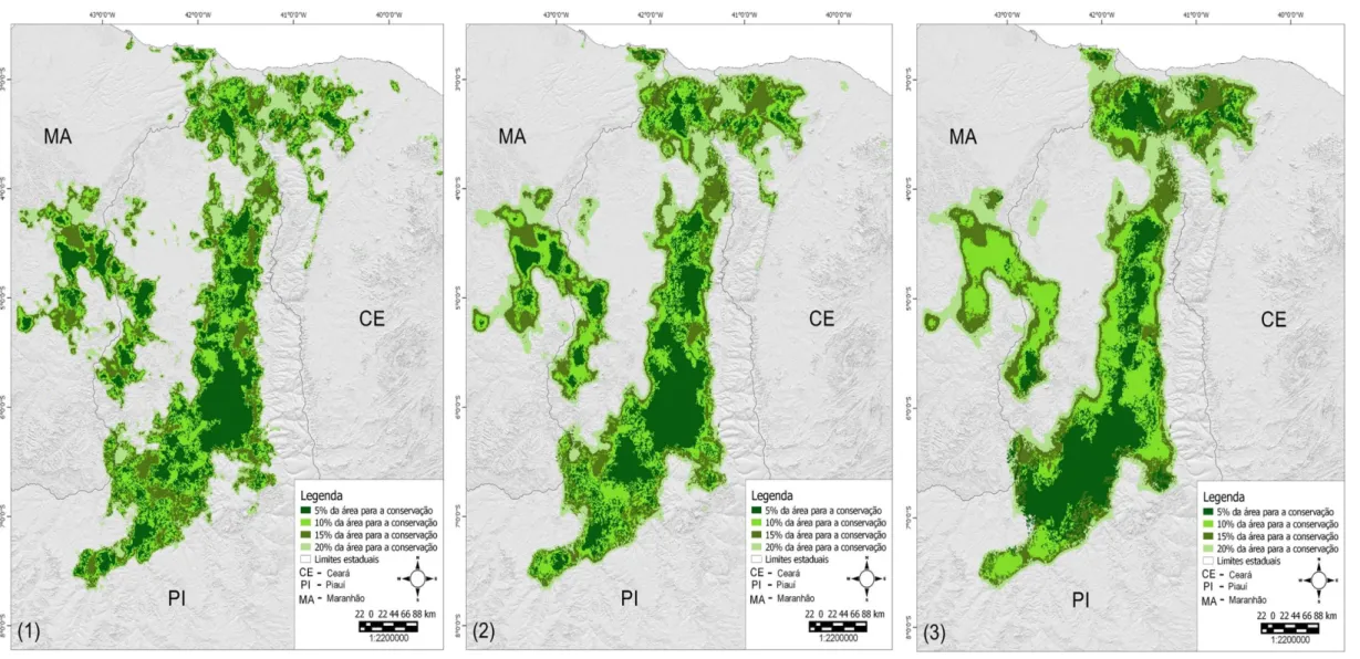Figura 3.6 - Áreas importantes para a conservação de Alouatta ululata com três diferentes graus de dispersão: (1) 3 km; (2) 6 km; e (3) 9 km