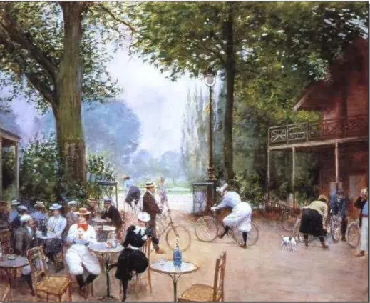 Fig. 12. Ciclistas no Chalet du Cycle, Bois de Boulogne, Paris, final do século dezenove