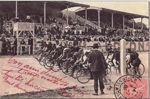 Fig. 16. Uma largada no velódromo do Parc des Princes, em Paris, em cartão postal do final do século  XIX
