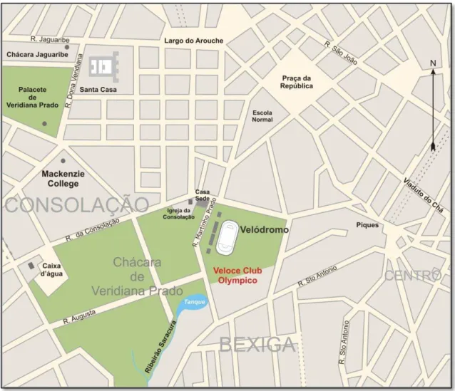 Fig. 17. Área aproximada da chácara de Veridiana Prado na época da construção do Velódromo Paulista, em 1895