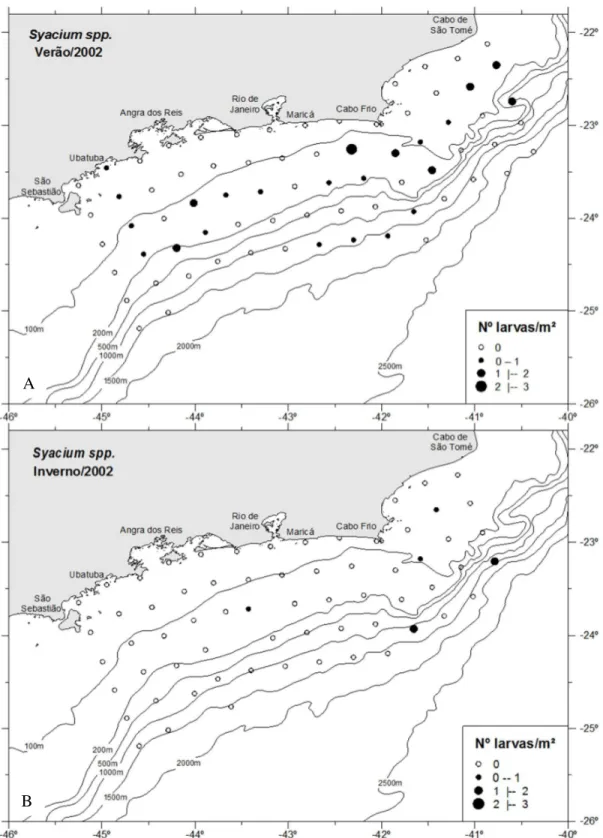 Figura 22. Distribuição horizontal das larvas de Syacium spp. no verão (A) e no inverno (B)