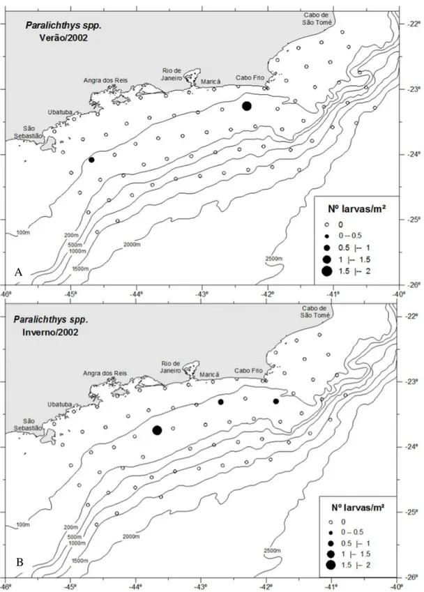 Figura 26. Distribuição horizontal das larvas de Paralichthys spp. no verão (A) e inverno (B).