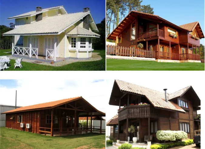 Fig. 2. 15 - Ejemplos de viviendas prefabricadas en madera producidas y comercializadas en Brasil (sistema  constructivo macho-hembra)  