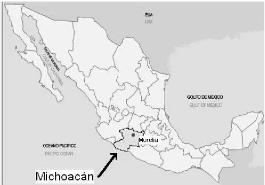 Figura 1 Ubicação do Estado de Michoacan de Ocampo  Fonte: INEGI, 2005  