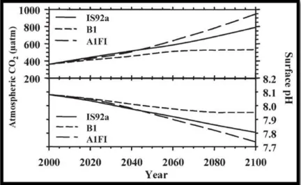 Figura 1.2- Valores médios da  concentração de CO 2  atmosférico e pH da água do mar da  superfície da água do mar (Fabry et al., 2008) 