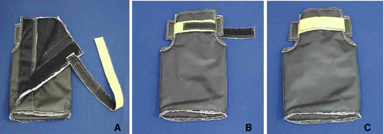 Figura  3  -  Fotografias  de  modelo  de  bolsa  insuladora confeccionada mostrando a camada  interna  antiabrasiva  e  a  camada  externa  impermeável  (A),  e  o  sistema  de  fechamento com tira plástica e velcro largo (B e C)