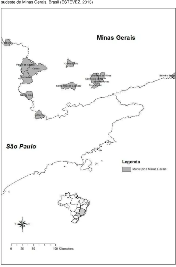 Figura 8 -  Origem geográfica das amostras analisadas no presente estudo, 12 municípios da mesorregião sul e  sudeste de Minas Gerais, Brasil (ESTEVEZ, 2013) 