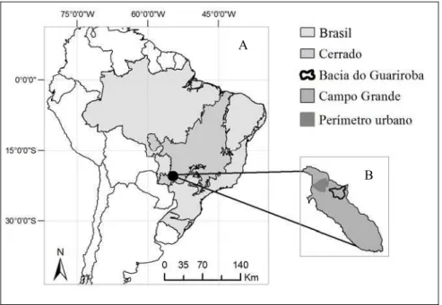 Figura 2.1 - (A) Localização da cidade de Campo Grande, Mato Grosso do Sul,  Brasil; (B) Limites de Campo Grande, Área de estudo - Bacia de  drenagem do Córrego Guariroba (APA Guariroba) e perímetro  urbano 