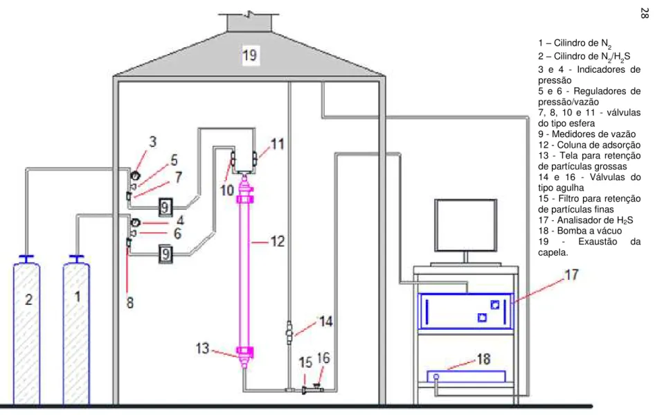 Figura 6  –  Esquema da unidade de bancada de adsorção em leito fixo para remoção de H 2 S de corrente gasosa.