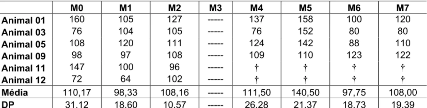 Tabela 4 - Valores individuais de freqüência cardíaca (F.C.) em batimentos por minuto, médias e respectivos  desvios-padrão dos animais do grupo B, submetidos a oito minutos de parada circulatória total - São  Paulo - 2005  M0 M1 M2  M3  M4 M5 M6 M7  Anima