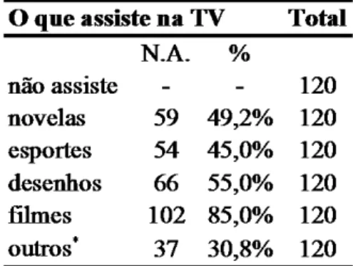 Tabela 13 – Tipos de programas preferidos na televisão 