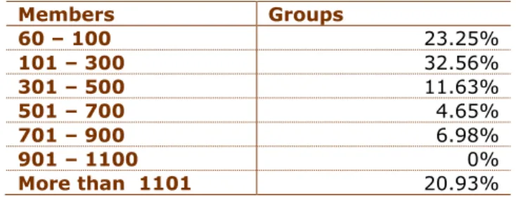 Table 3: Members of groups identified through the word "Lusophone"  Members  Groups  60 – 100  23.25%  101 – 300   32.56%  301 – 500  11.63%  501 – 700  4.65%  701 – 900  6.98%  901 – 1100  0%  More than  1101  20.93% 