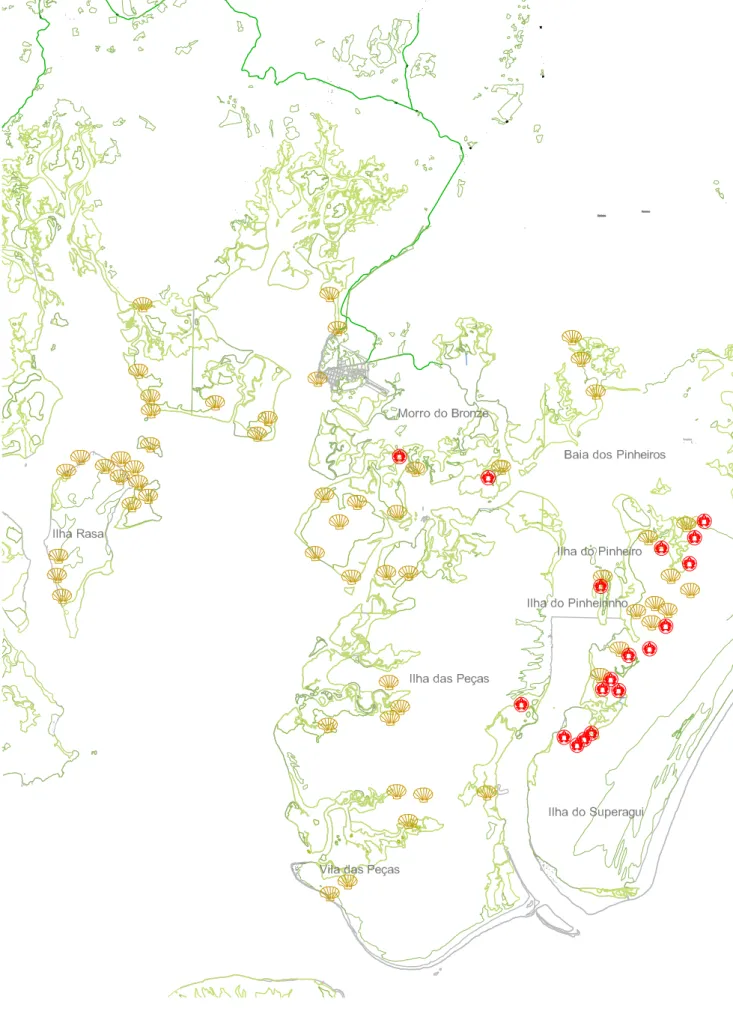 Figura 25 - Mapa de localização dos Sambaquis, já cadastrados, nas áreas mais próximas à sede urbana de  Guaraqueçaba