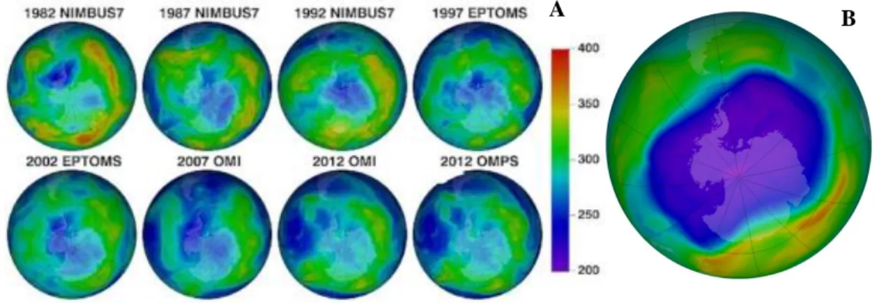 Figura  3.8.  Evolução  da  dimensão  do  “buraco  de  ozono”  ao  longo  do  tempo,  no  hemisfério sul (A); Dimensão do “buraco de ozono” no dia 24 de setembro de 2006 (B)