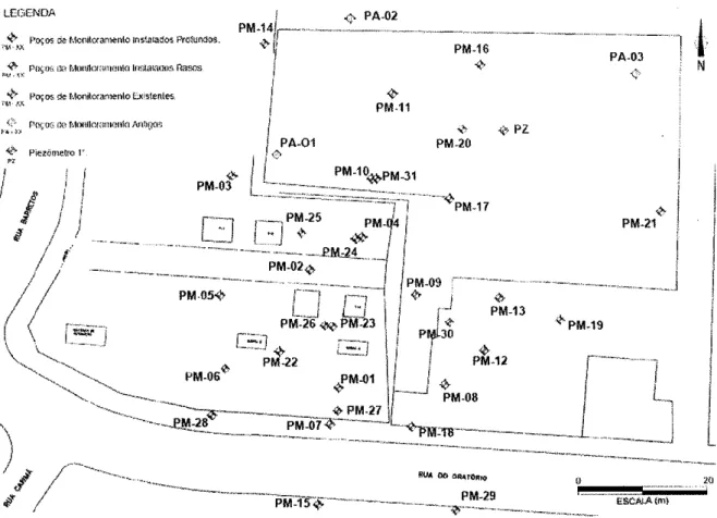 Figura  20  -  Localização  dos  poços de monitoramento  existentes  na área  de  interesser!.'', Fr{(,