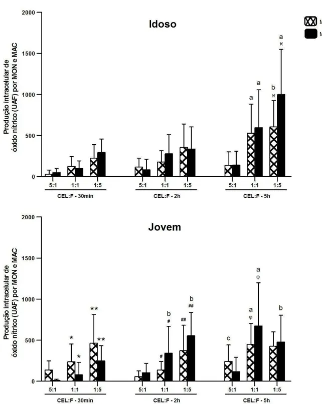 GRÁFICO 6. Comparação da produção de óxido nítrico por monócitos (MON) e macrófagos  (MAC)  oriundos  de  ambos  os  grupos,  após  diferentes  proporções  de  células  em  relação  às  leveduras (CEL:F) e diferentes períodos de desafio  in vitro