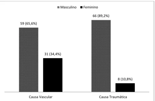 Figura 5. Distribuição dos participantes segundo o sexo e causas vascular e traumática de amputação