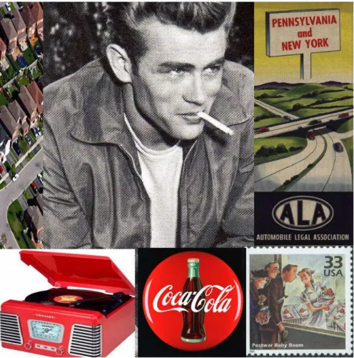 Fig. 7. Imagens da sociedade de consumo. A rebeldia de Jamens Dean,  o Baby Boom, a ascensão dos eletrodomésticos, carros e auto-estradas,  as casas ajardinadas e a Coca-Cola