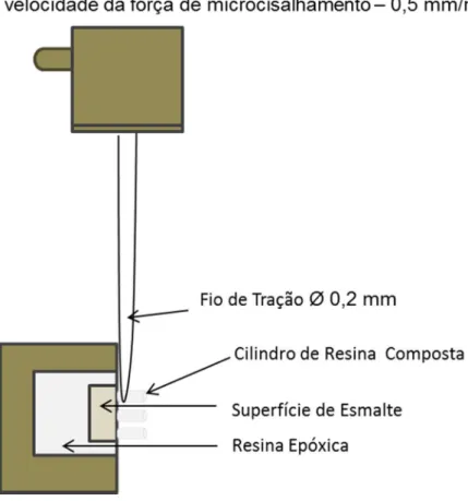 Figura  4.11  –  Esquema  lateral  ilustrativo  do  dispositivo  e  corpos  de  prova  adaptados  à  máquina de ensaio para o teste de resistência adesiva ao microcisalhamento