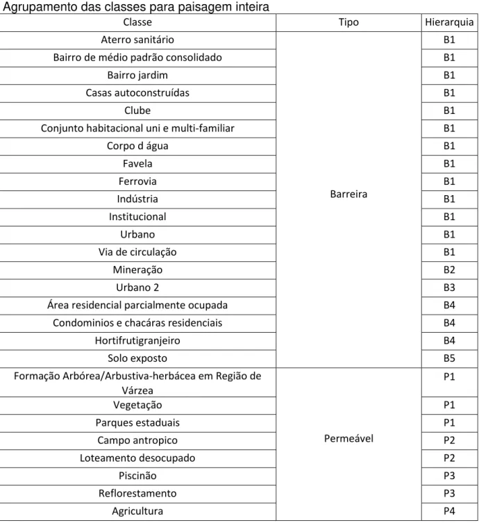 Tabela 9 – Agrupamento de Classes em Permeáveis e Barreira para a paisagem inteira. 