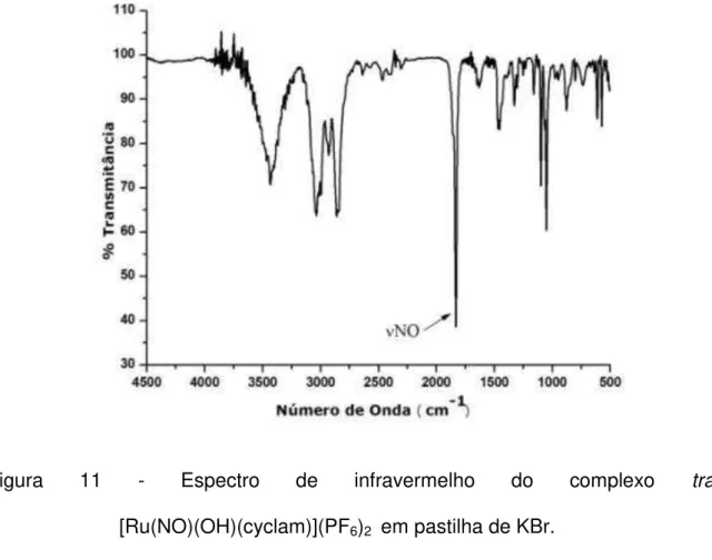 Figura  11  -  Espectro  de  infravermelho  do  complexo  trans- trans-[Ru(NO)(OH)(cyclam)](PF 6 ) 2   em pastilha de KBr