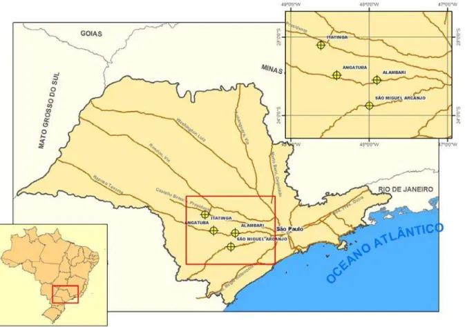 Figura 1- Localização dos municípios no Estado de São Paulo, onde estão as áreas experimentais 