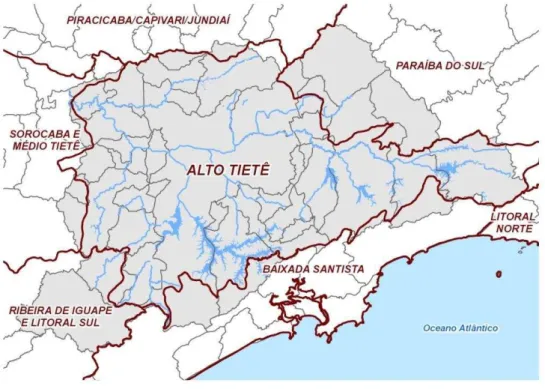 Figura 10: Limites da Bacia Hidrográfica do Alto Tietê e da RMSP. 