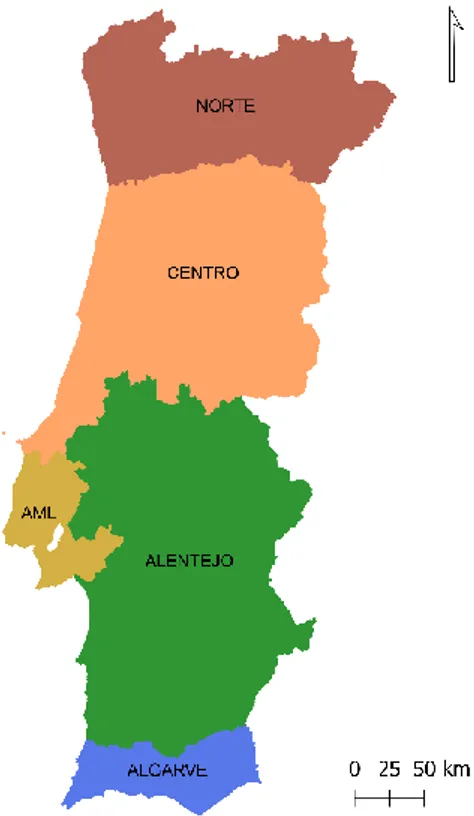 Figura 3.Limites das NUTS II de Portugal Continental 