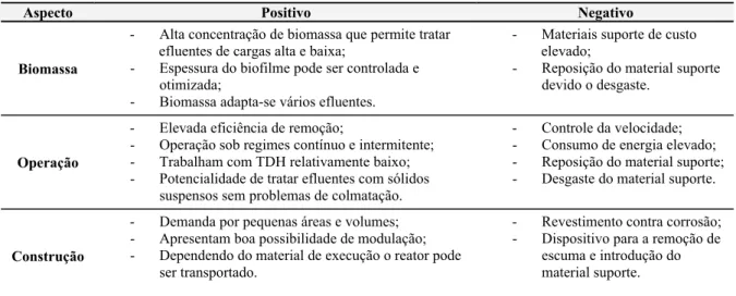 Tabela 3.9: Aspectos positivos e negativos de um reator de leito expandido/fluidizado