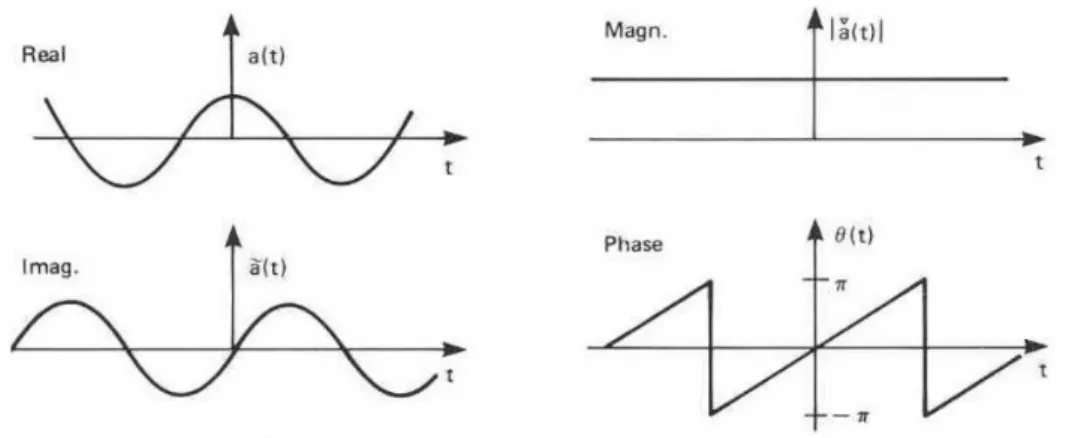 Figure 2.7: Real and imaginary parts of the Hilbert Transform, and the represen- represen-tation of instantaneous phase and magnitude of the signal over time