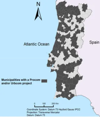 Fig.  4.  Municipalities  with  at  least  one  Procom  and/or  Urbcom  project  (source:  Data  from  DGAE  [39]
