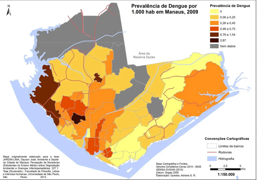 Figura 10 Distribuição espacial da prevalência de Dengue por bairro da cidade de Manaus, em 2009.