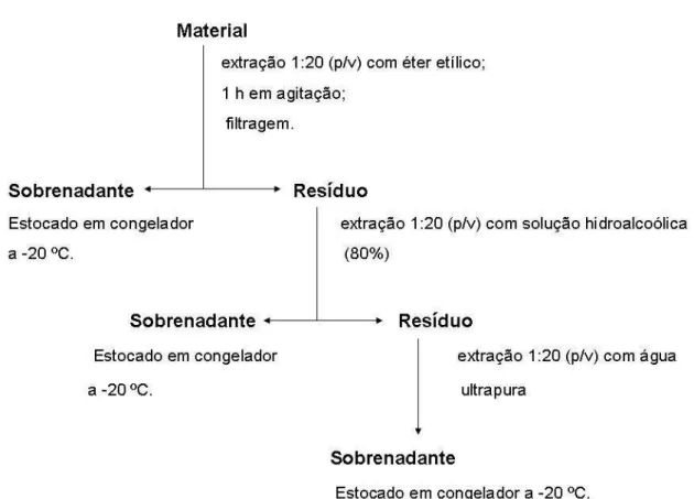 FIGURA 6: Esquema da extração seqüencial para obtenção dos extratos  etéreo, alcoólico e aquoso (JARDINI, 2003)