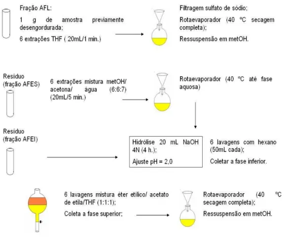 FIGURA 7: Esquema para obtenção das frações de ácidos fenólicos: AFL =  ácidos fenólicos livres; AFES = ácidos fenólicos esterificados a compostos  solúveis e AFEI = ácidos fenólicos esterificados a compostos insolúveis  (Adaptado de JARDINI, 2003)