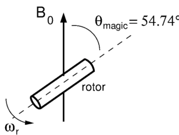Figure 6 - Spinning of a sample around an axis oriented at the magic angle   magic with respect to the external  magnetic field