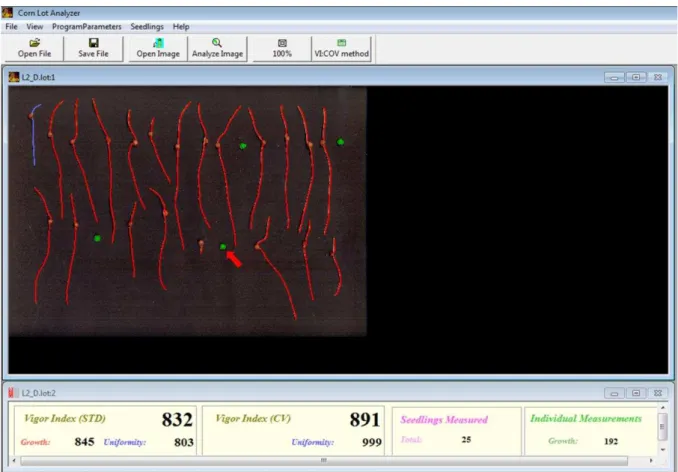 Figura  3  –   Imagem  analisada  no  software  SVIS ®   de  uma  amostra  de  plântulas  de  sorgo,  híbrido 50A70,  com  indicação da marcação semente não germinada (em verde) 