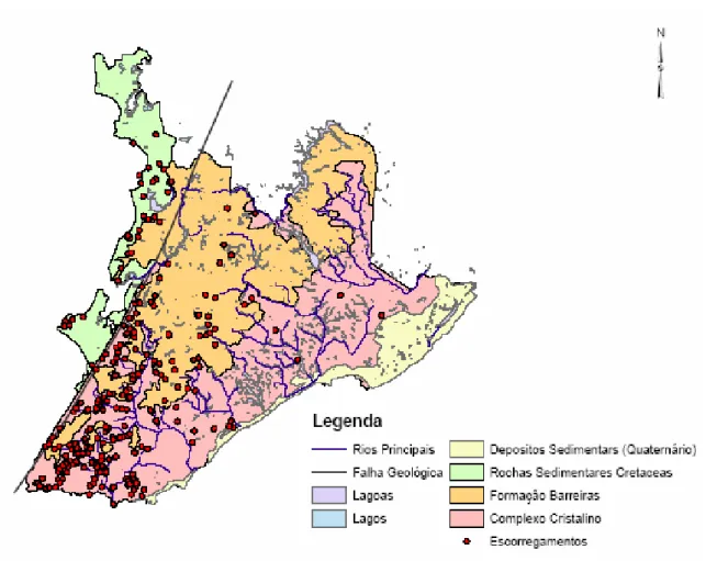Figura 3.3 – Mapa geológico da cidade de Salvador com os escorregamentos (Modificado de   CRUZ, 2005) 