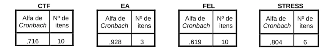 Tabela 10 - Alfa de Cronbach de cada uma das variáveis em estudo 