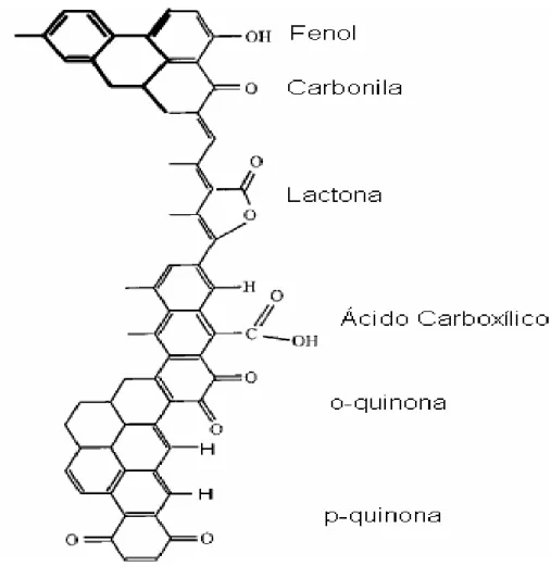 Figura 1.5: Várias possibilidades de grupos funcionais contendo oxigênio que  podem estar presentes sobre a superfície de materiais de carbono [4]