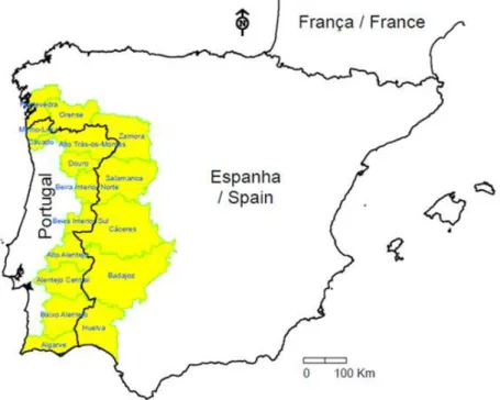 Figura 4: As regiões fronteiriças entre Portugal e Espanha (NUT III) (Medeiros, 2009: 8) 