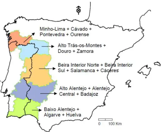 Figura 5: Sub-regiões fronteiriças entre Portugal e Espanha (Medeiros, 2009: 9) 