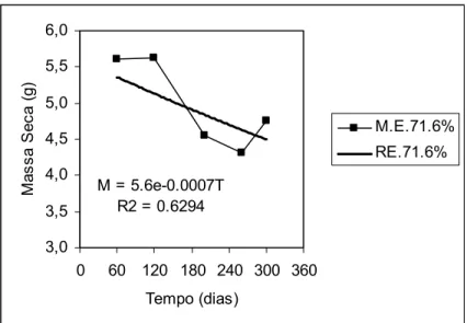 Figura 17 - Comparação da disitribuição da massa de serapilheira sob radiação de 71,6% pelos modelos                     experimental e de regressão exponencial 