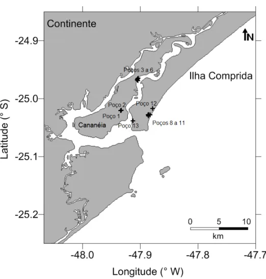 FIGURA  14  6  Mapa  da  localização  dos  pontos  de  coleta  das  amostras  de  águas  subterrâneas em Cananéia e Ilha Comprida
