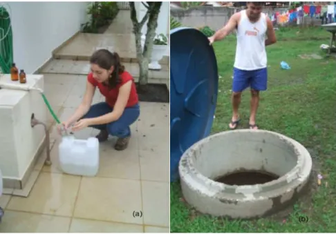 FIGURA  16  –  Foto  da  amostragem  de  águas  subterrâneas  no  Poço  6,    no  conjunto  Agro  Solares (a)  e  no Poço 2,  na Cidade  de Cananéia (b)