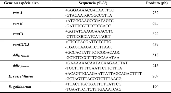 Tabela 6. Sequência de oligonucleotídeos utilizados para a amplificação de fragmentos relativos aos genes  marcadores de espécie e de resistência para Enterococcus spp