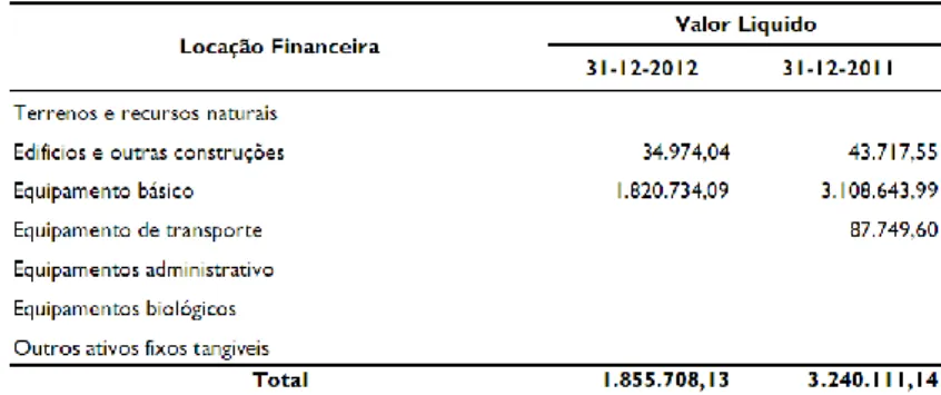 Figura 3: Locações financeiras da empresa Lena Agregados, S.A. 