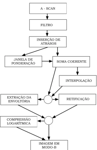 Figura 4.3 – Diagrama de blocos do processamento digital de sinais para formação   da imagem em modo-B