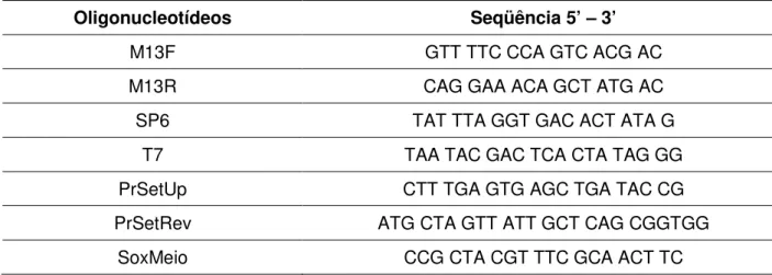 Tabela 4.1 Oligonucleotídeos utilizados no seqüenciamento de plasmídeos pGem-T Easy,  pAE e pAEsox 