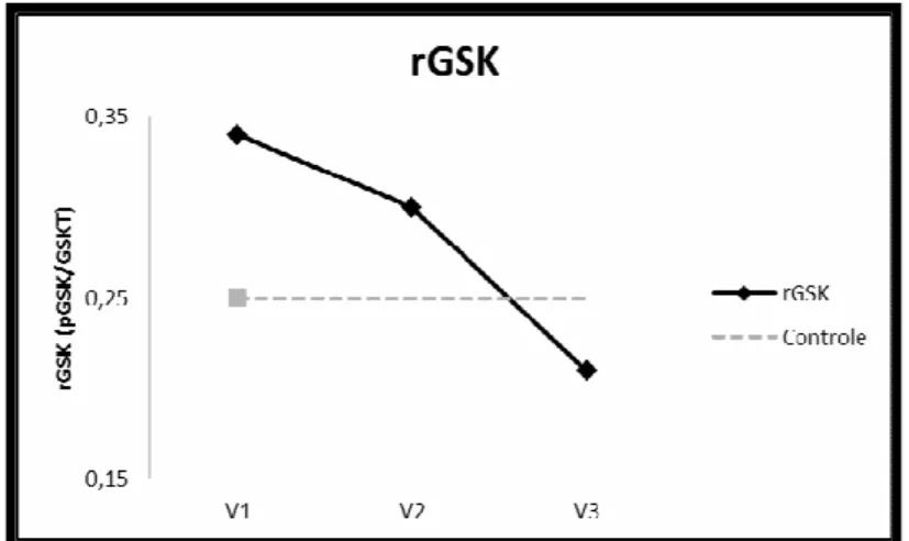 Figura 6 - Comparação da rGSK nas três visitas, observando- observando-se  diminuição  da  razão  após  3  meobservando-ses  de  tratamento  (V2,  p=0,001)  e  também  após  12  meses  de  tratamento  (V3,  p=0,001)
