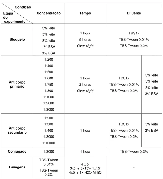 Tabela 7 - Testes feitos para revelação da GSKT. 